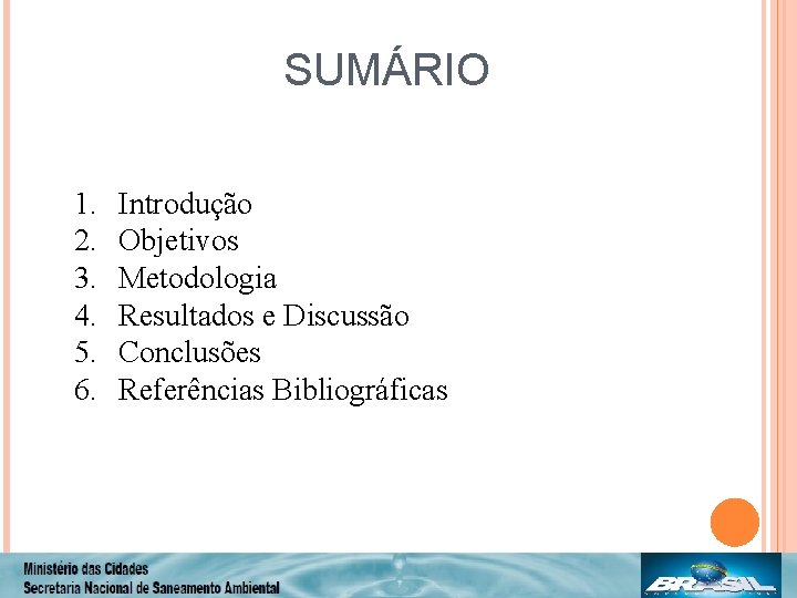 SUMÁRIO 1. 2. 3. 4. 5. 6. Introdução Objetivos Metodologia Resultados e Discussão Conclusões