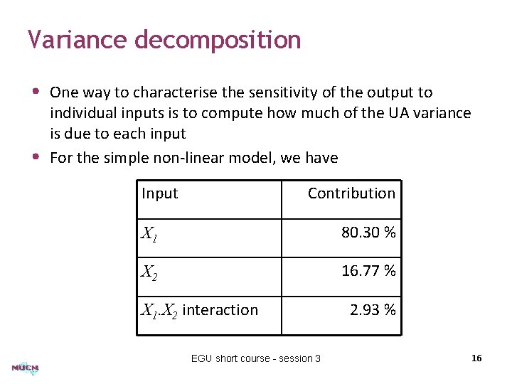 Variance decomposition • One way to characterise the sensitivity of the output to •