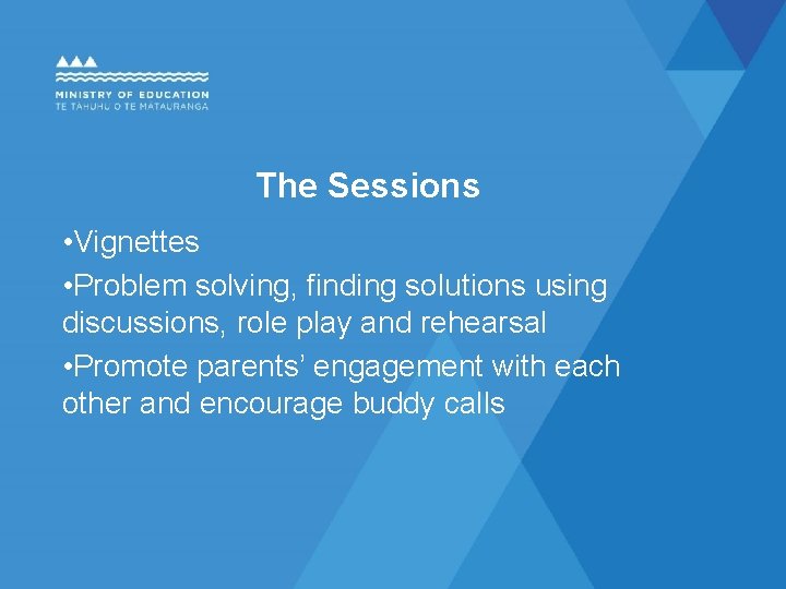 The Sessions • Vignettes • Problem solving, finding solutions using discussions, role play and