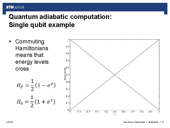 Quantum adiabatic computation: Single qubit example § Commuting Hamiltonians means that energy levels cross