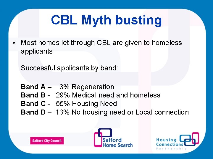 CBL Myth busting • Most homes let through CBL are given to homeless applicants