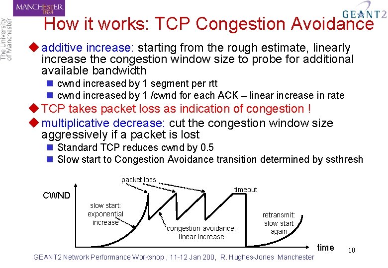 How it works: TCP Congestion Avoidance u additive increase: starting from the rough estimate,