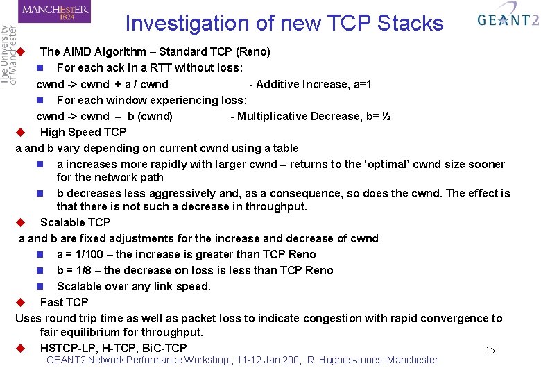 Investigation of new TCP Stacks u The AIMD Algorithm – Standard TCP (Reno) n