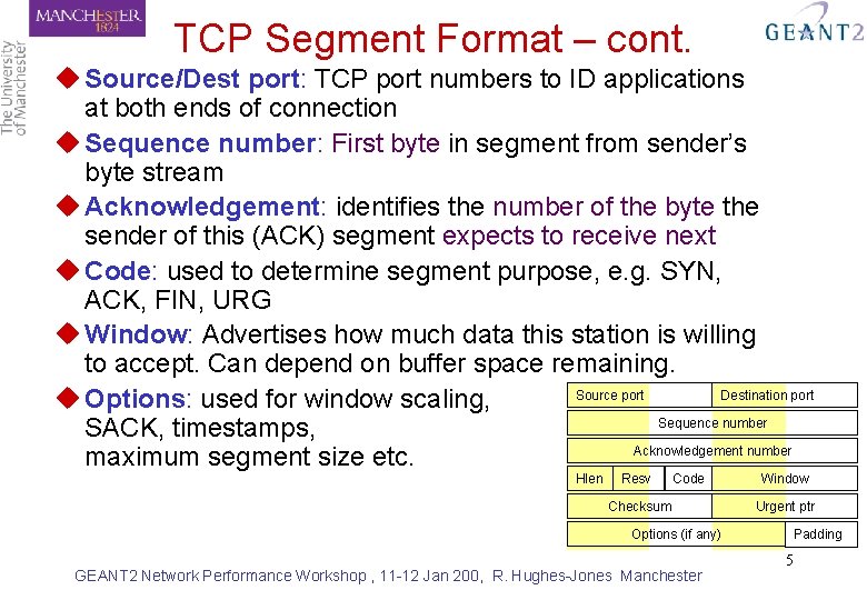 TCP Segment Format – cont. u Source/Dest port: TCP port numbers to ID applications