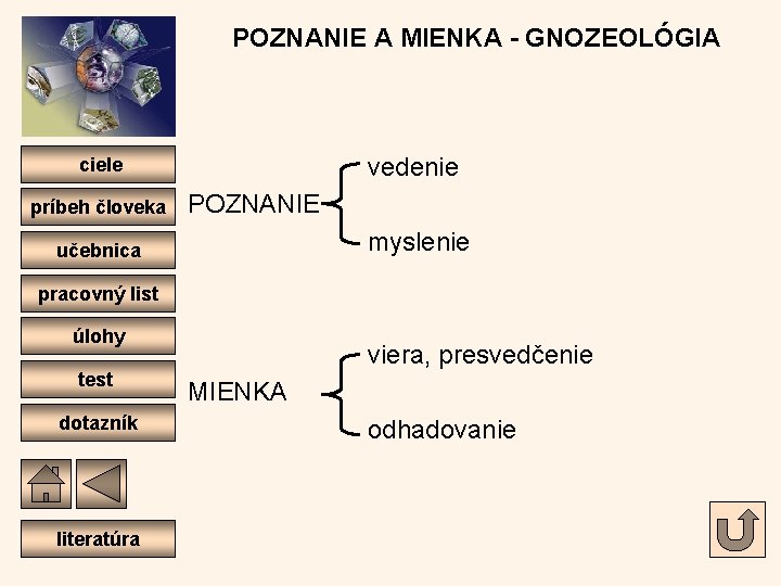 POZNANIE A MIENKA - GNOZEOLÓGIA ciele príbeh človeka učebnica vedenie POZNANIE myslenie pracovný list