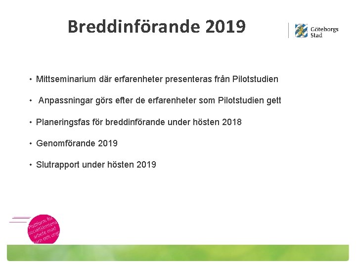 Breddinförande 2019 • Mittseminarium där erfarenheter presenteras från Pilotstudien • Anpassningar görs efter de