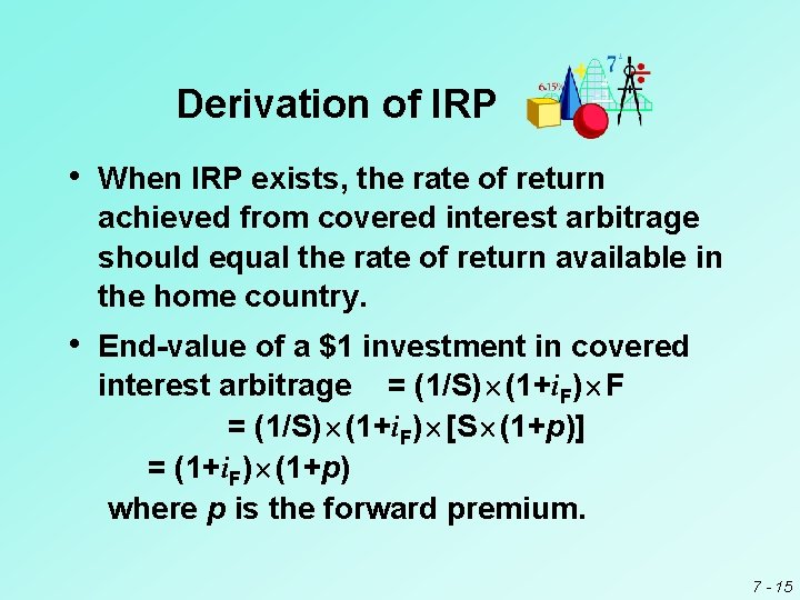 Derivation of IRP • When IRP exists, the rate of return achieved from covered