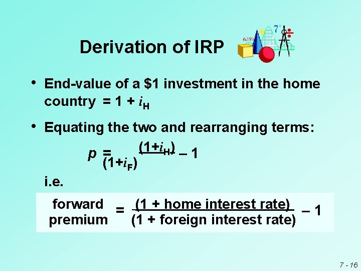 Derivation of IRP • End-value of a $1 investment in the home country =