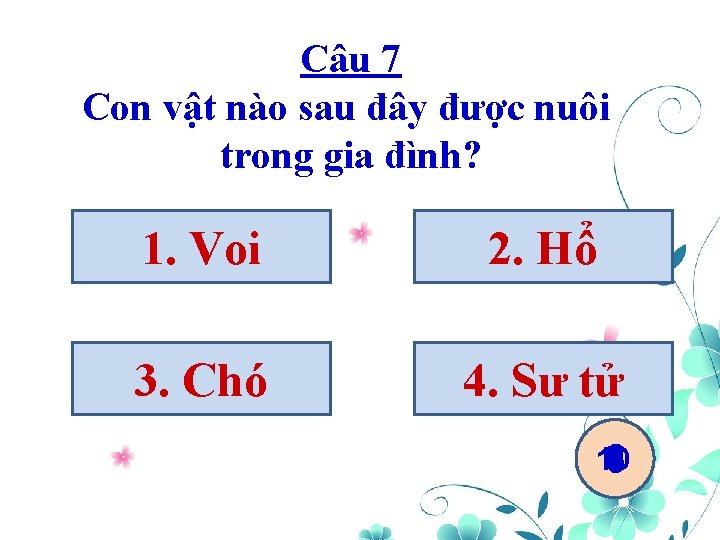 Câu 7 Con vật nào sau đây được nuôi trong gia đình? 1. Voi