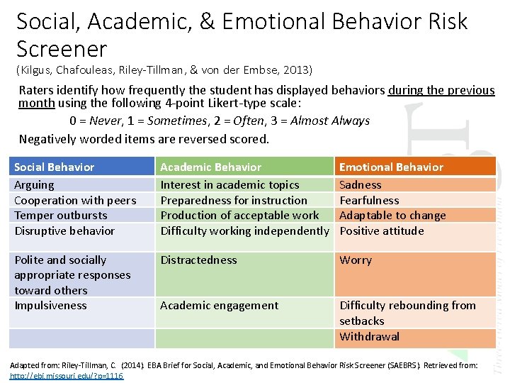 Social, Academic, & Emotional Behavior Risk Screener (Kilgus, Chafouleas, Riley-Tillman, & von der Embse, Social, Academic, & Emotional Behavior Risk Screener (Kilgus, Chafouleas, Riley-Tillman, & von der Embse,