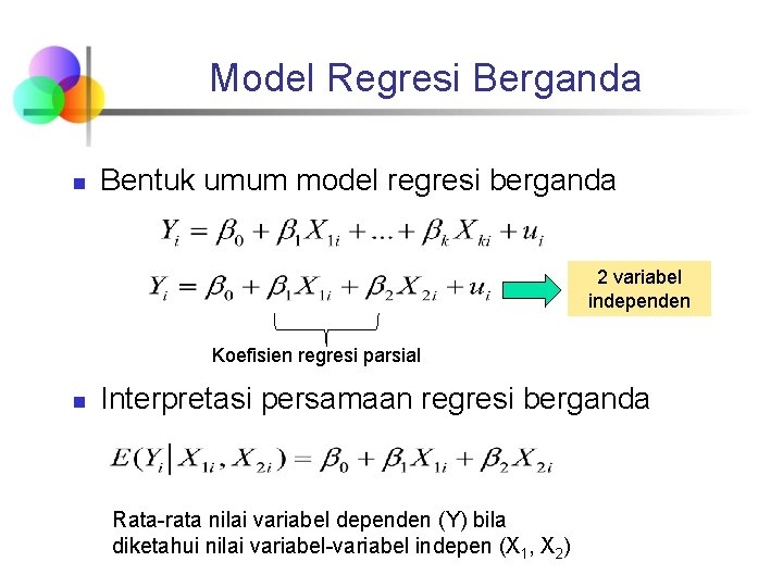 Model Regresi Berganda n Bentuk umum model regresi berganda 2 variabel independen Koefisien regresi