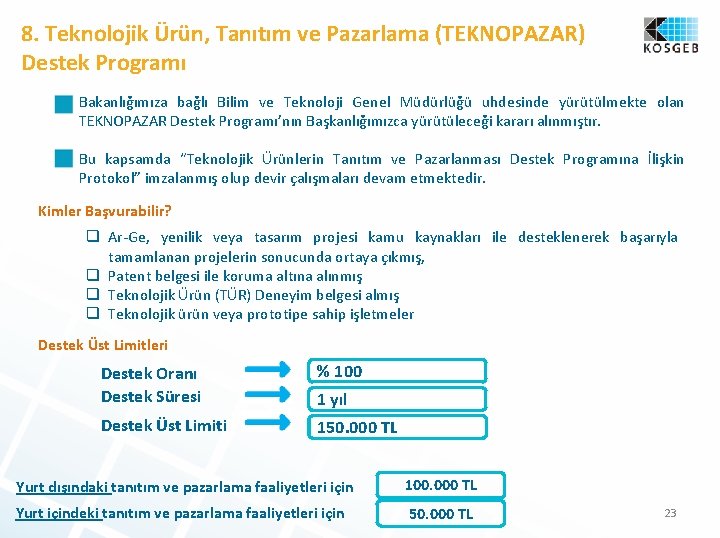  8. Teknolojik Ürün, Tanıtım ve Pazarlama (TEKNOPAZAR) Destek Programı Bakanlığımıza bağlı Bilim ve