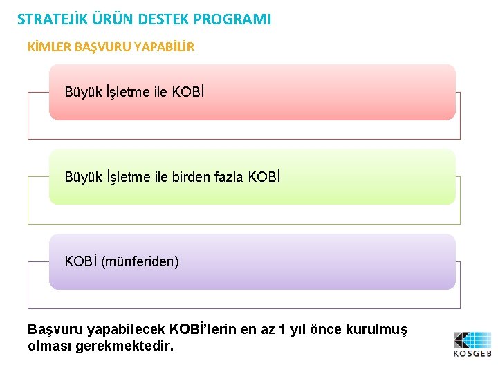 STRATEJİK ÜRÜN DESTEK PROGRAMI KİMLER BAŞVURU YAPABİLİR Büyük İşletme ile KOBİ Büyük İşletme ile