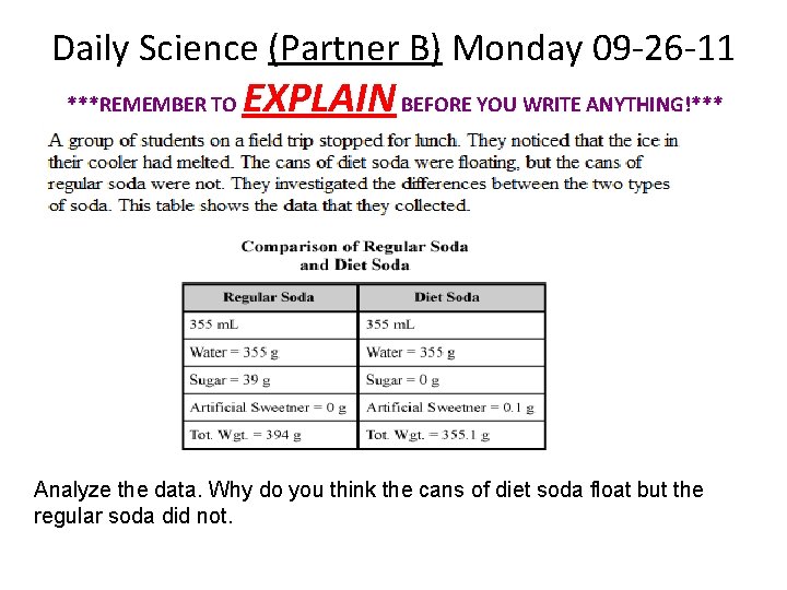Daily Science (Partner B) Monday 09 -26 -11 ***REMEMBER TO EXPLAIN BEFORE YOU WRITE