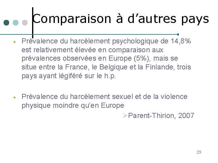 Comparaison à d’autres pays · Prévalence du harcèlement psychologique de 14, 8% est relativement