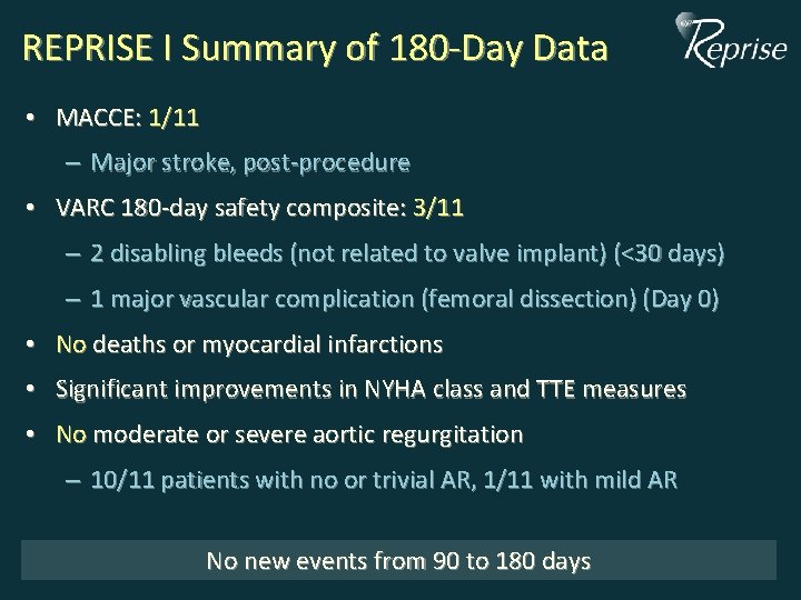 REPRISE I Summary of 180 -Day Data • MACCE: 1/11 – Major stroke, post-procedure REPRISE I Summary of 180 -Day Data • MACCE: 1/11 – Major stroke, post-procedure