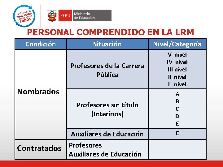 PERSONAL COMPRENDIDO EN LA LRM Condición Situación Nivel/Categoría Profesores de la Carrera Pública V