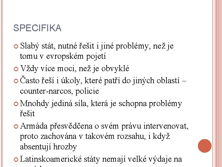 SPECIFIKA Slabý stát, nutné řešit i jiné problémy, než je tomu v evropském pojetí