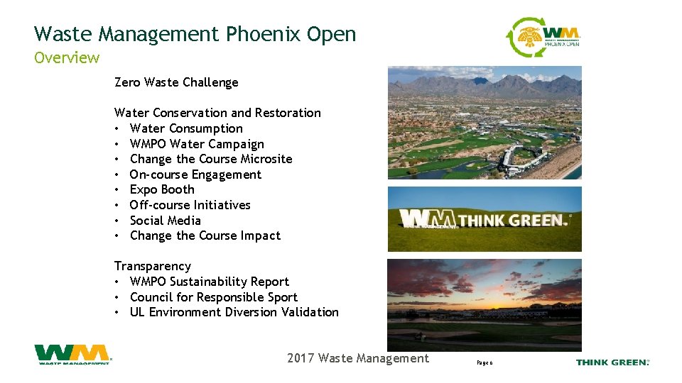 Waste Management Phoenix Open Overview Zero Waste Challenge Water Conservation and Restoration • Water