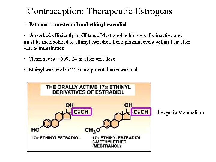 Contraception: Therapeutic Estrogens 1. Estrogens: mestranol and ethinyl estradiol • Absorbed efficiently in GI
