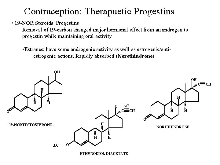 Contraception: Therapuetic Progestins • 19 -NOR Steroids : Progestins Removal of 19 -carbon changed