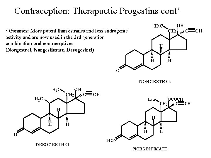 Contraception: Therapuetic Progestins cont’ H 3 C • Gonanes: More potent than estranes and