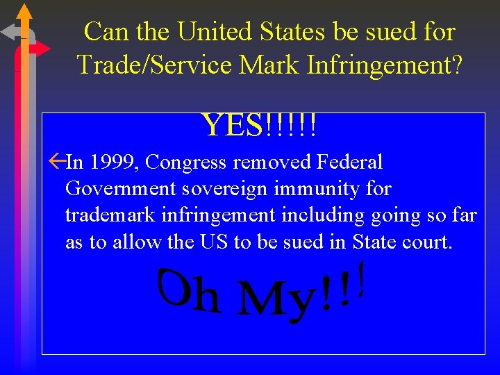 Can the United States be sued for Trade/Service Mark Infringement? YES!!!!! ßIn 1999, Congress