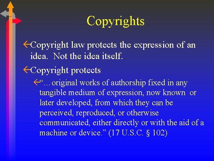 Copyrights ßCopyright law protects the expression of an idea. Not the idea itself. ßCopyright