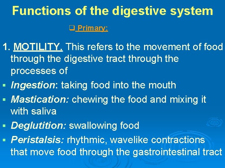 Functions of the digestive system q Primary: 1. MOTILITY. This refers to the movement