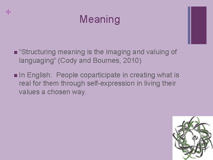 + Meaning n “Structuring meaning is the imaging and valuing of languaging” (Cody and