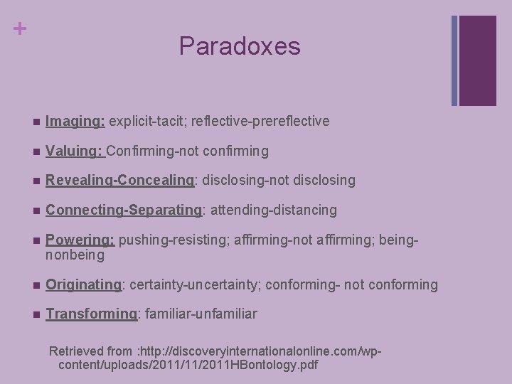 + Paradoxes n Imaging: explicit-tacit; reflective-prereflective n Valuing: Confirming-not confirming n Revealing-Concealing: disclosing-not disclosing