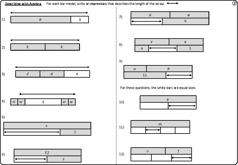 ② For each bar model, write an expression that describes the length of the