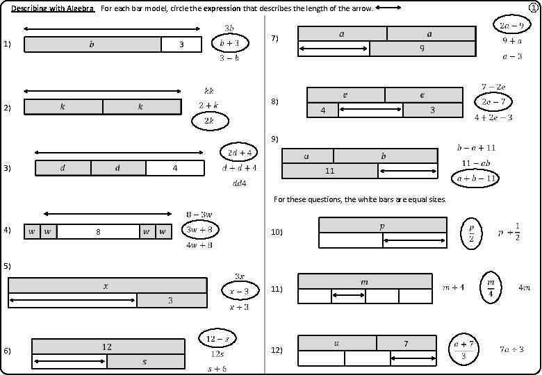 ① Describing with Algebra For each bar model, circle the expression that describes the