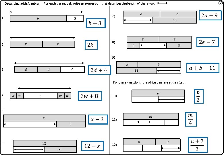 ② For each bar model, write an expression that describes the length of the