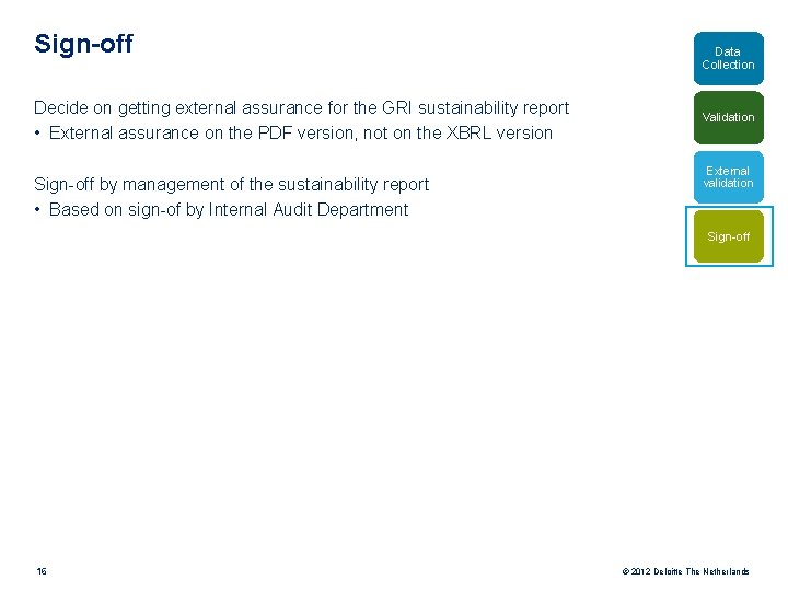 Sign-off Decide on getting external assurance for the GRI sustainability report • External assurance