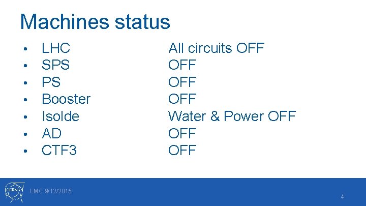 Machines status • • LHC SPS PS Booster Isolde AD CTF 3 LMC 9/12/2015