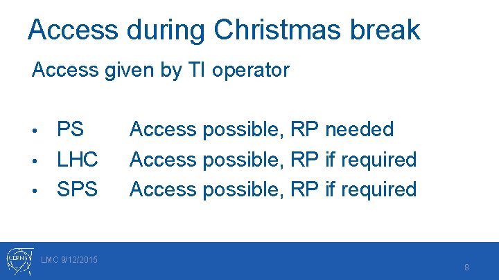 Access during Christmas break Access given by TI operator PS • LHC • SPS