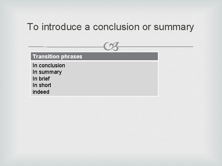 To introduce a conclusion or summary Transition phrases In conclusion In summary In brief