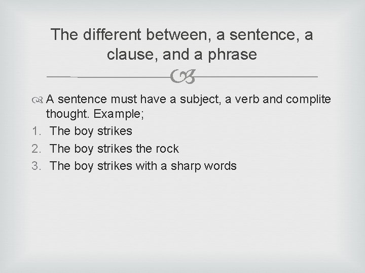 The different between, a sentence, a clause, and a phrase A sentence must have