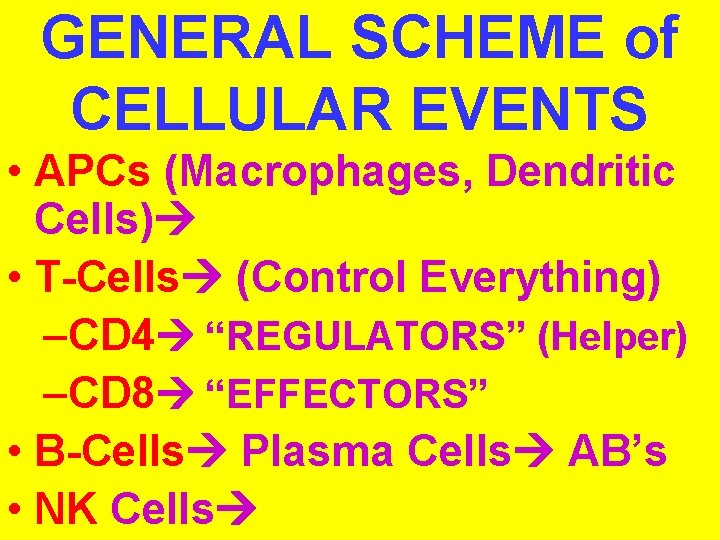 GENERAL SCHEME of CELLULAR EVENTS • APCs (Macrophages, Dendritic Cells) • T-Cells (Control Everything)