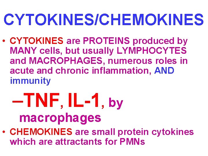 CYTOKINES/CHEMOKINES • CYTOKINES are PROTEINS produced by MANY cells, but usually LYMPHOCYTES and MACROPHAGES,