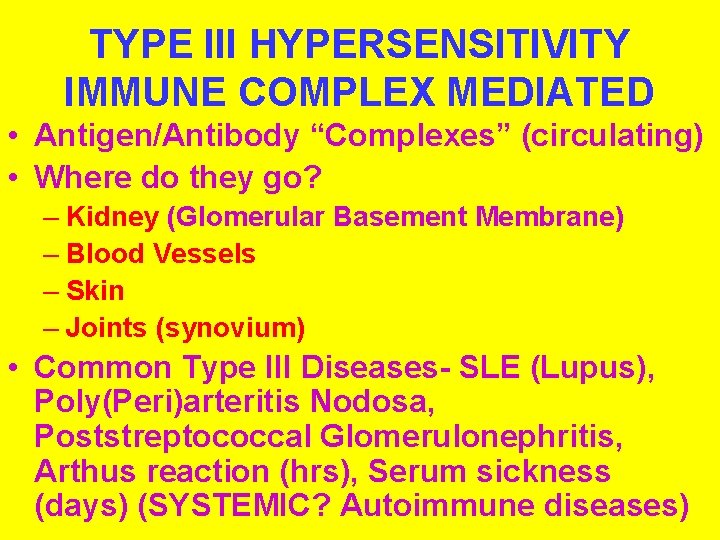 TYPE III HYPERSENSITIVITY IMMUNE COMPLEX MEDIATED • Antigen/Antibody “Complexes” (circulating) • Where do they