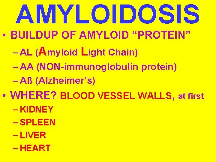 AMYLOIDOSIS • BUILDUP OF AMYLOID “PROTEIN” – AL (Amyloid Light Chain) – AA (NON-immunoglobulin