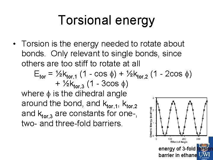 Torsional energy • Torsion is the energy needed to rotate about bonds. Only relevant