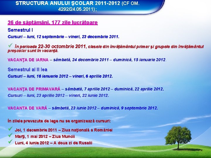 STRUCTURA ANULUI ŞCOLAR 2011 -2012 (CF OM. 4292/24. 05. 2011); 36 de săptămâni, 177