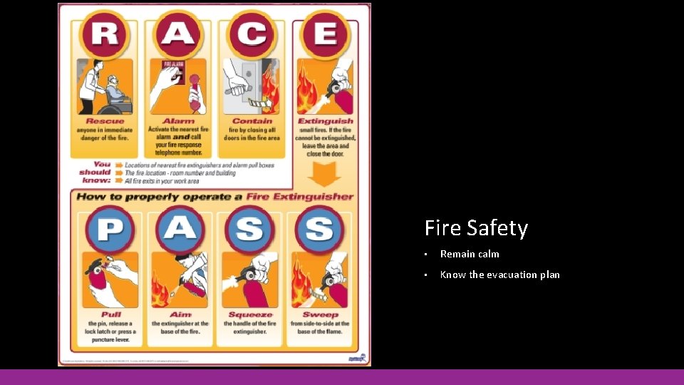 Fire Safety • Remain calm • Know the evacuation plan  Fire Safety • Remain calm • Know the evacuation plan