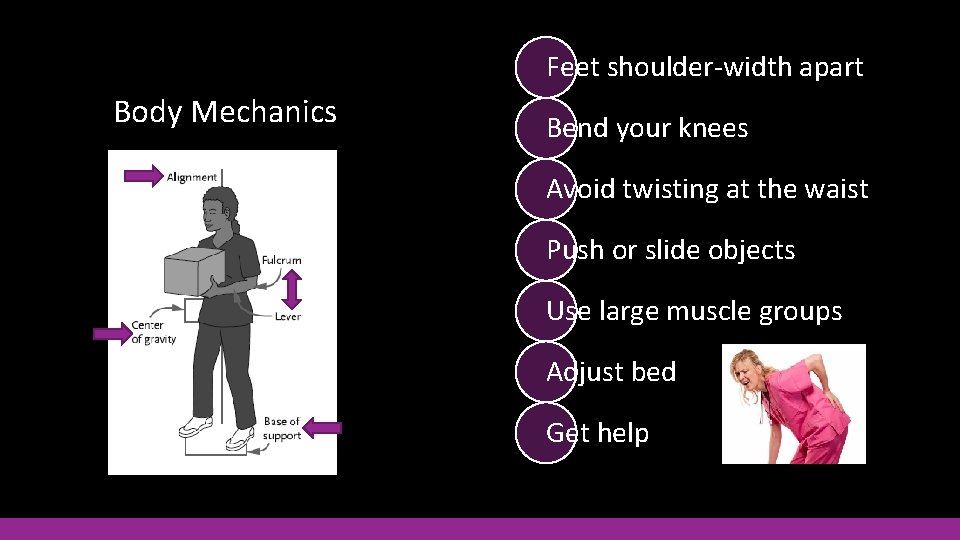 Feet shoulder-width apart Body Mechanics Bend your knees Avoid twisting at the waist Push