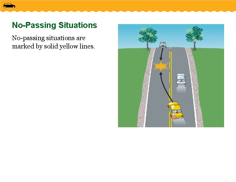 No-Passing Situations No-passing situations are marked by solid yellow lines. 