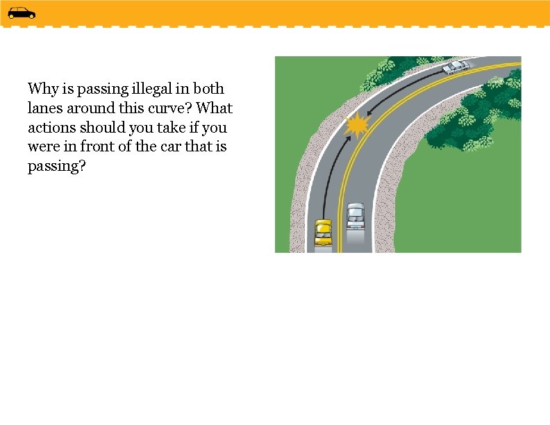 Why is passing illegal in both lanes around this curve? What actions should you