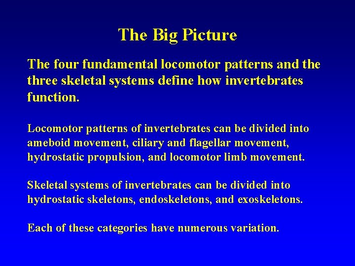 The Big Picture The four fundamental locomotor patterns and the three skeletal systems define
